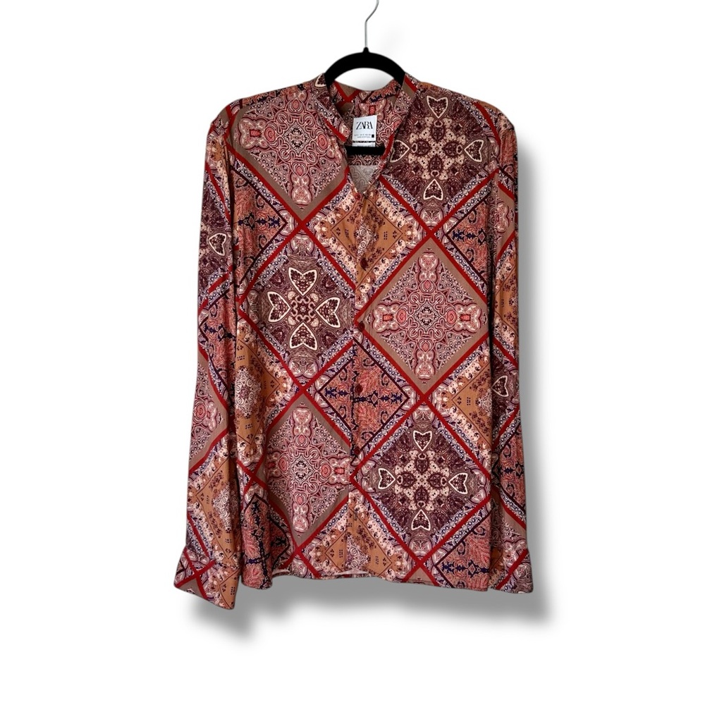 Zara Patchwork Bohemian Pattern Button Up Mandarin Collar Long Sleeve Shirt Sm